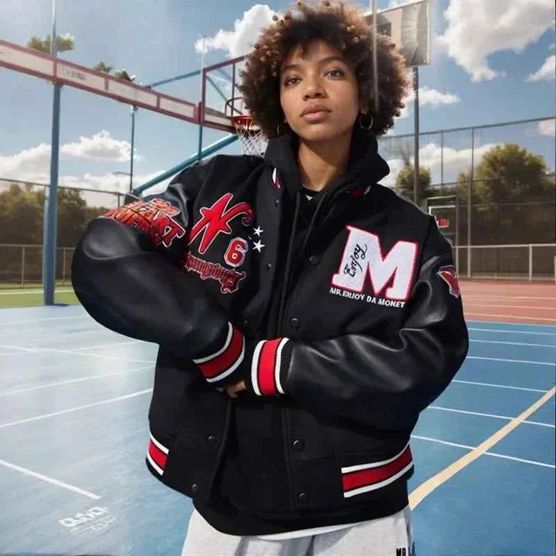 Men Retro Embroidered Leather Varsity Jacket