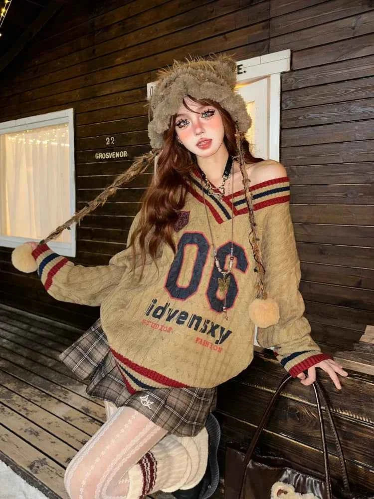 Cozy Vintage Letter Print Oversize Sweater