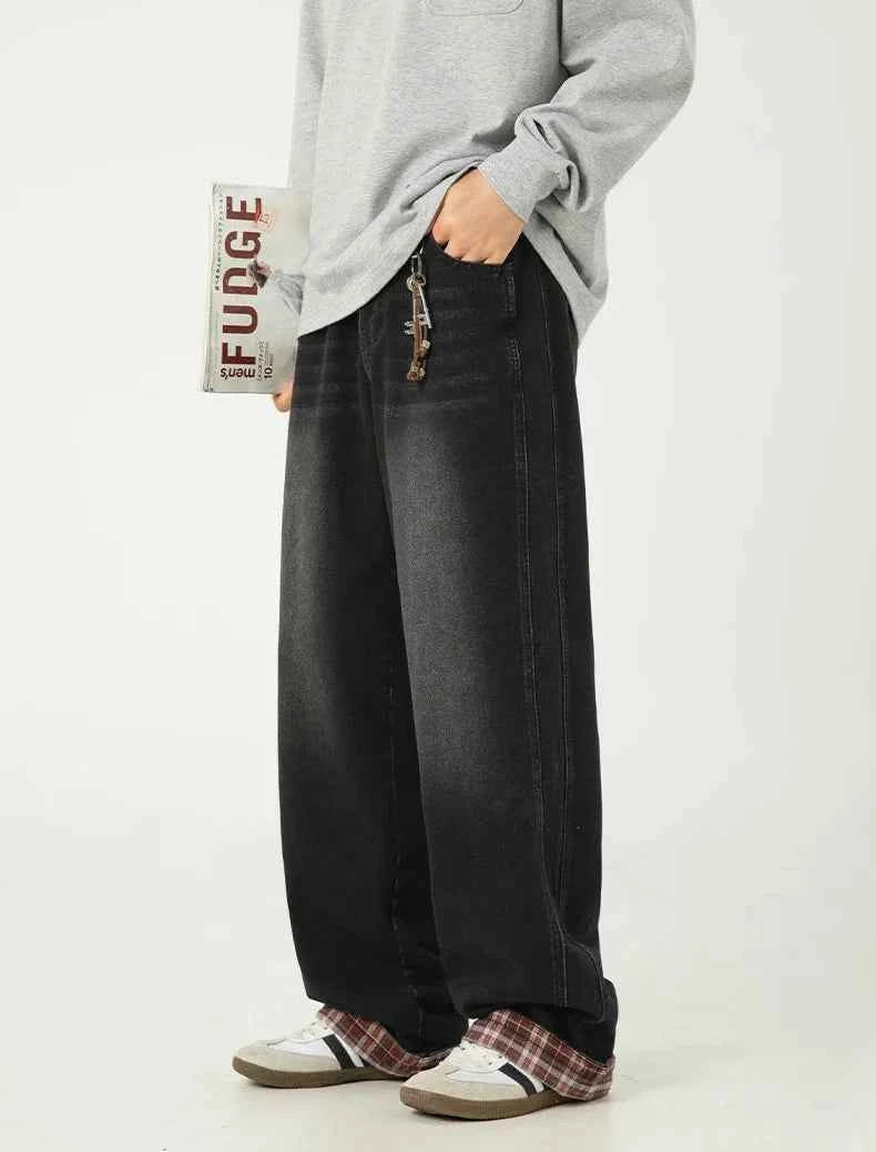 American Casual Plaid Patchwork Washed Jeans