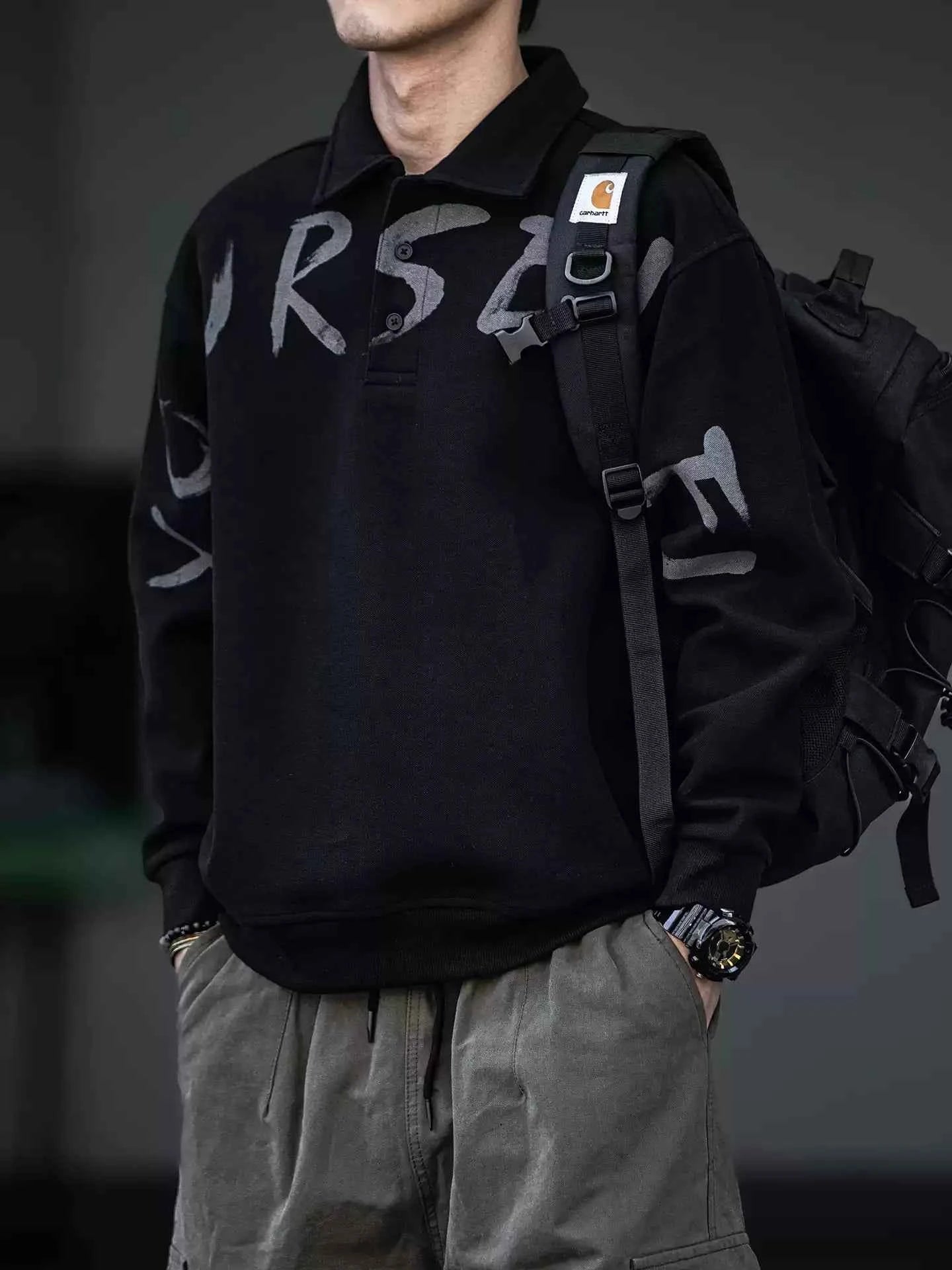 Oversized Letter Print Black Polo Sweatshirt