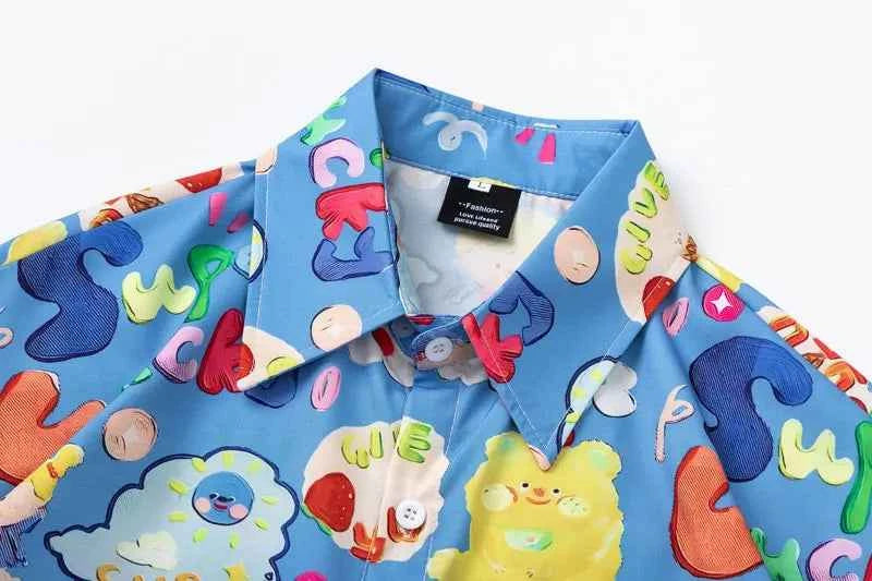 Y2K Vibrant Fashionable Cartoon Graphic Button-Up Shirt