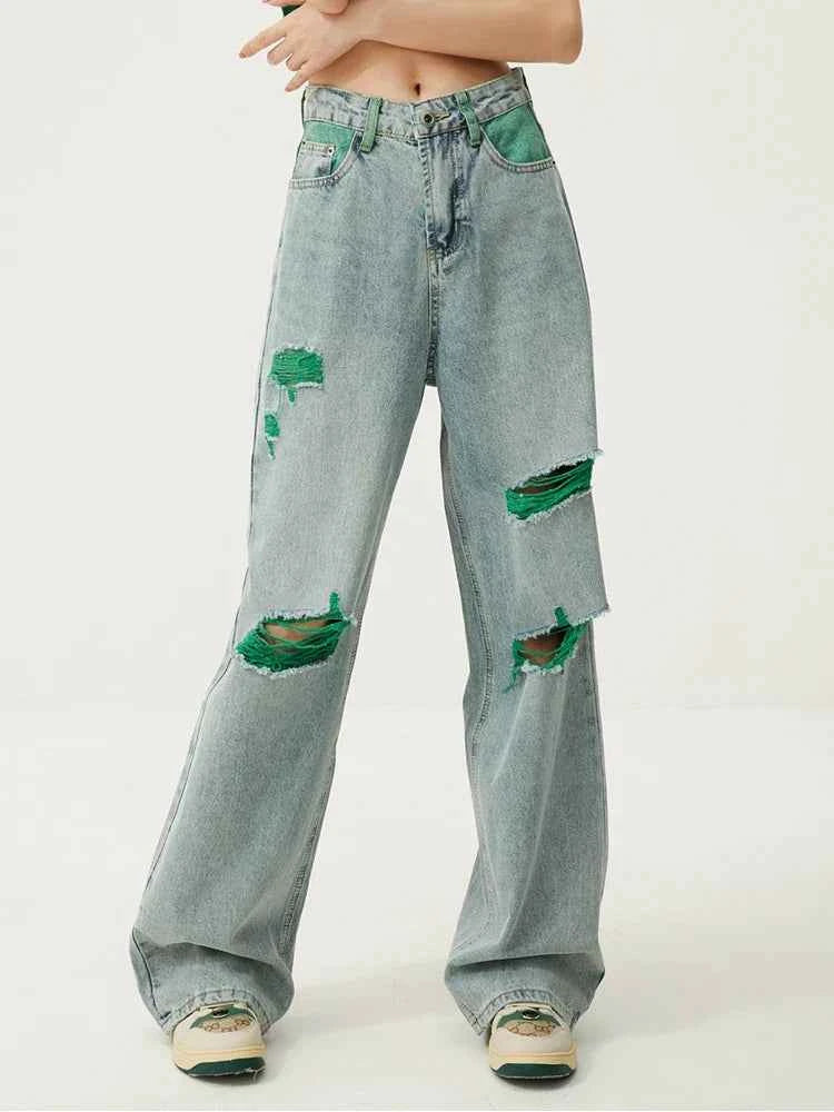 High Waist Wide Leg Distressed Ripped Jeans