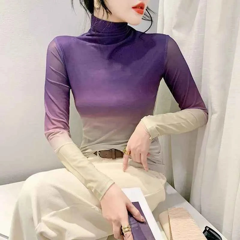Chic Gradient Print Mesh Long T-Shirt