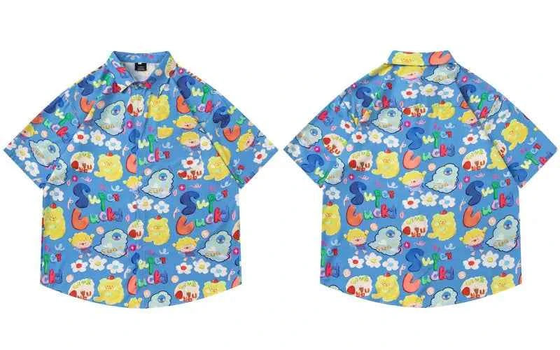 Y2K Vibrant Fashionable Cartoon Graphic Button-Up Shirt