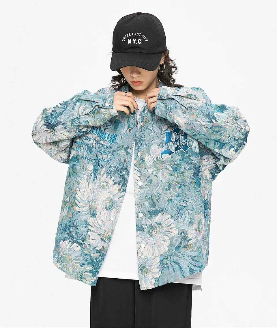 Trendy Gothic Daisy Print Varsity Jacket
