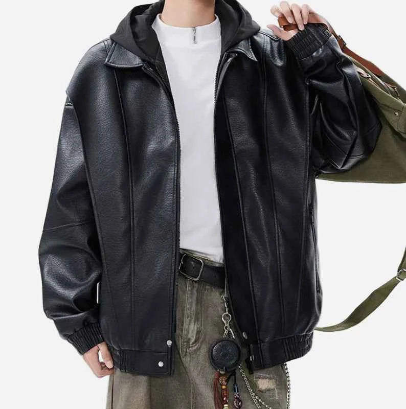 Retro American Hooded Leather Biker Jacket