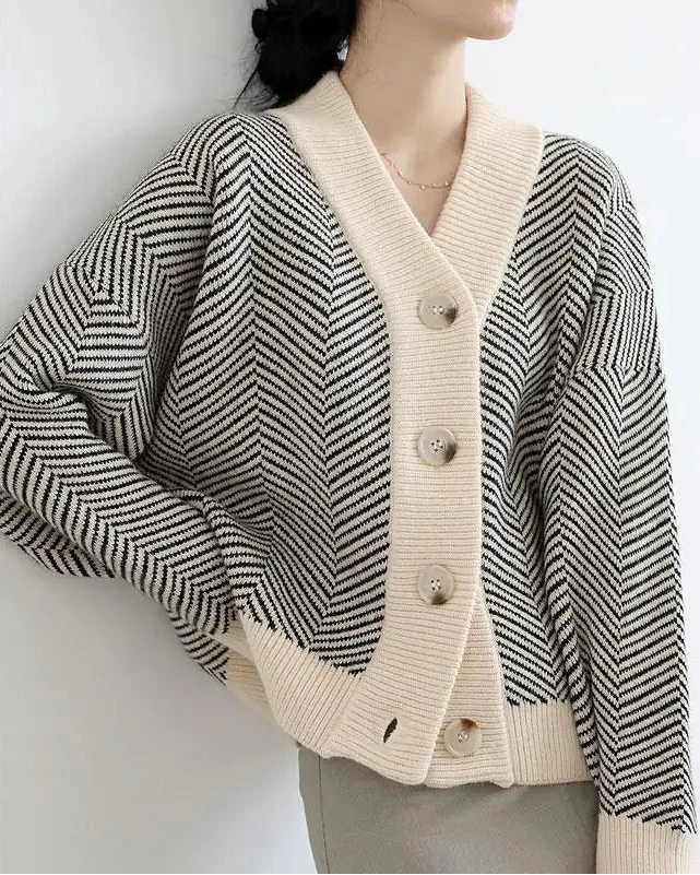 Striped V-Neck Long-Sleeve Thick Cardigan - Luxuryurbanwear