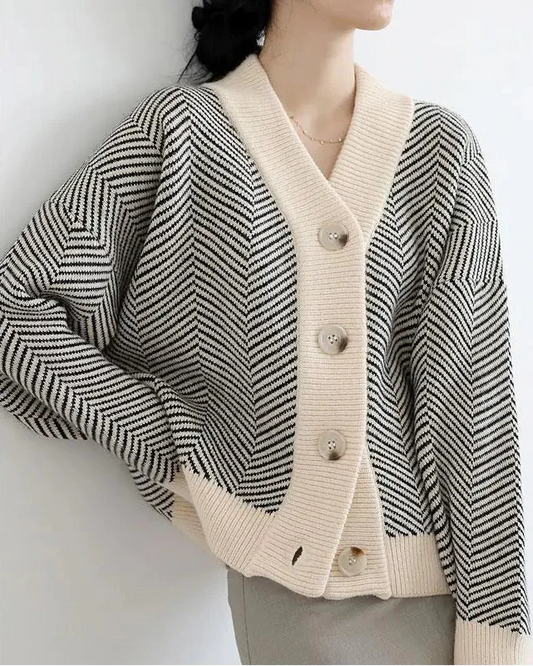 Striped V-Neck Long-Sleeve Thick Cardigan - Luxuryurbanwear