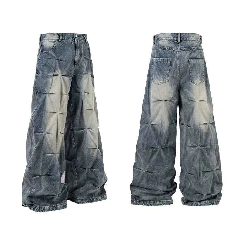 Trendy Designer Baggy Pleated Denim Wide Leg Jeans