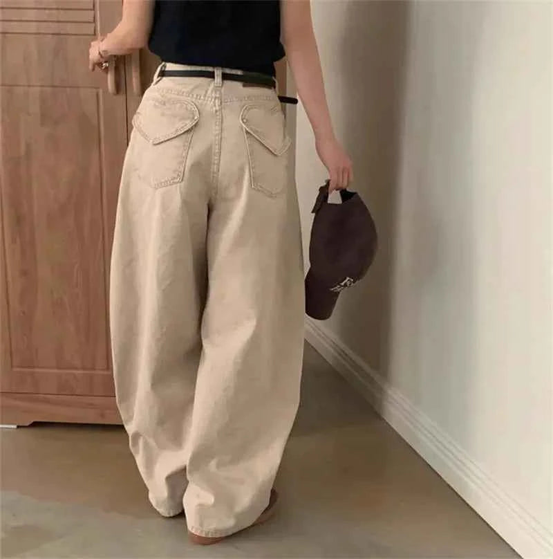 Women Retro High Waist Washed Loose Jeans