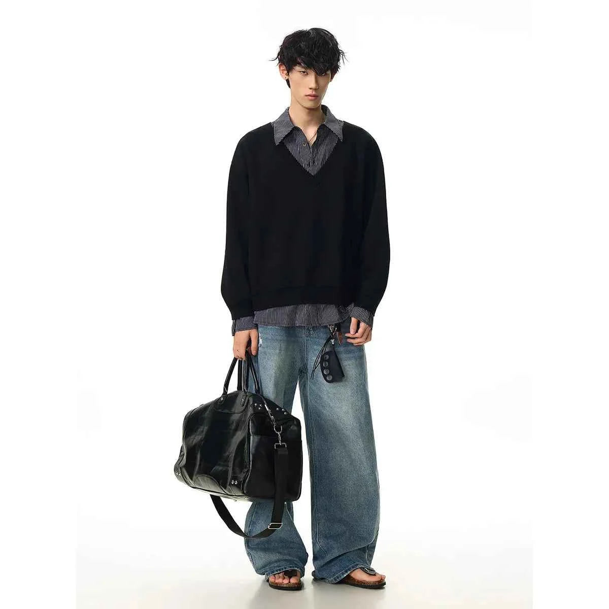 Flattering Casual Loose Striped Polo Sweatshirt