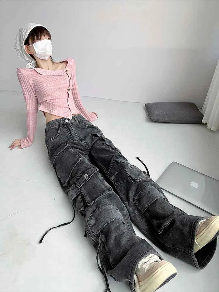 Vintage Wash Bandage High Waist Jeans