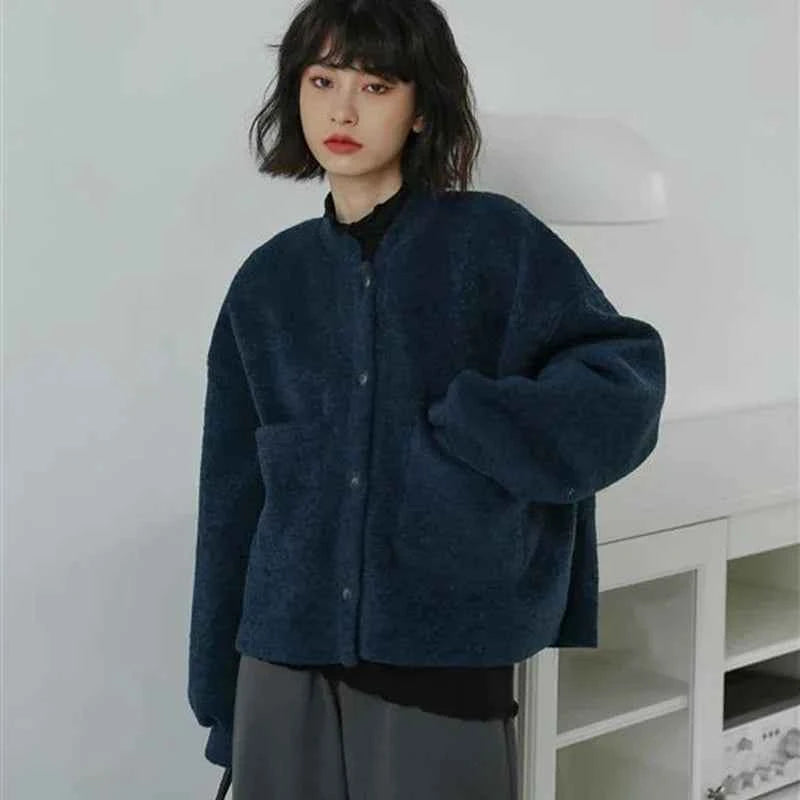 Women Classic Vintage Navy Blue Warm Cardigan