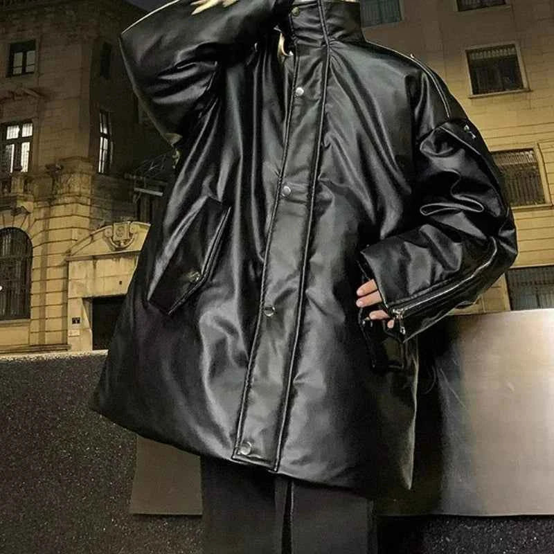 Thick Hip Hop Stand Collar Faux Leather Jacket