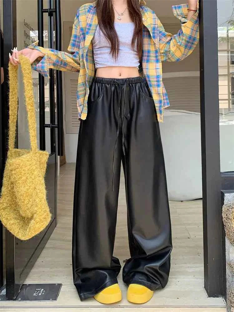 Y2K Urban Relax Preppy High Waist Leather Pants