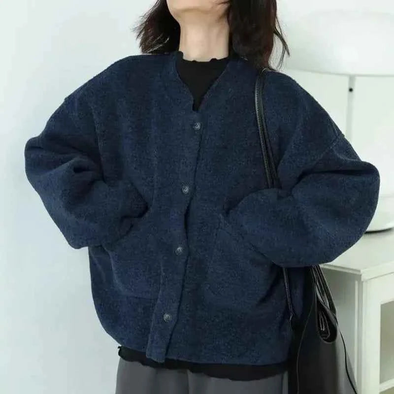 Women Classic Vintage Navy Blue Warm Cardigan
