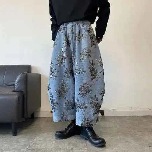Men Floral Embroidery Baggy Wide Leg Pants
