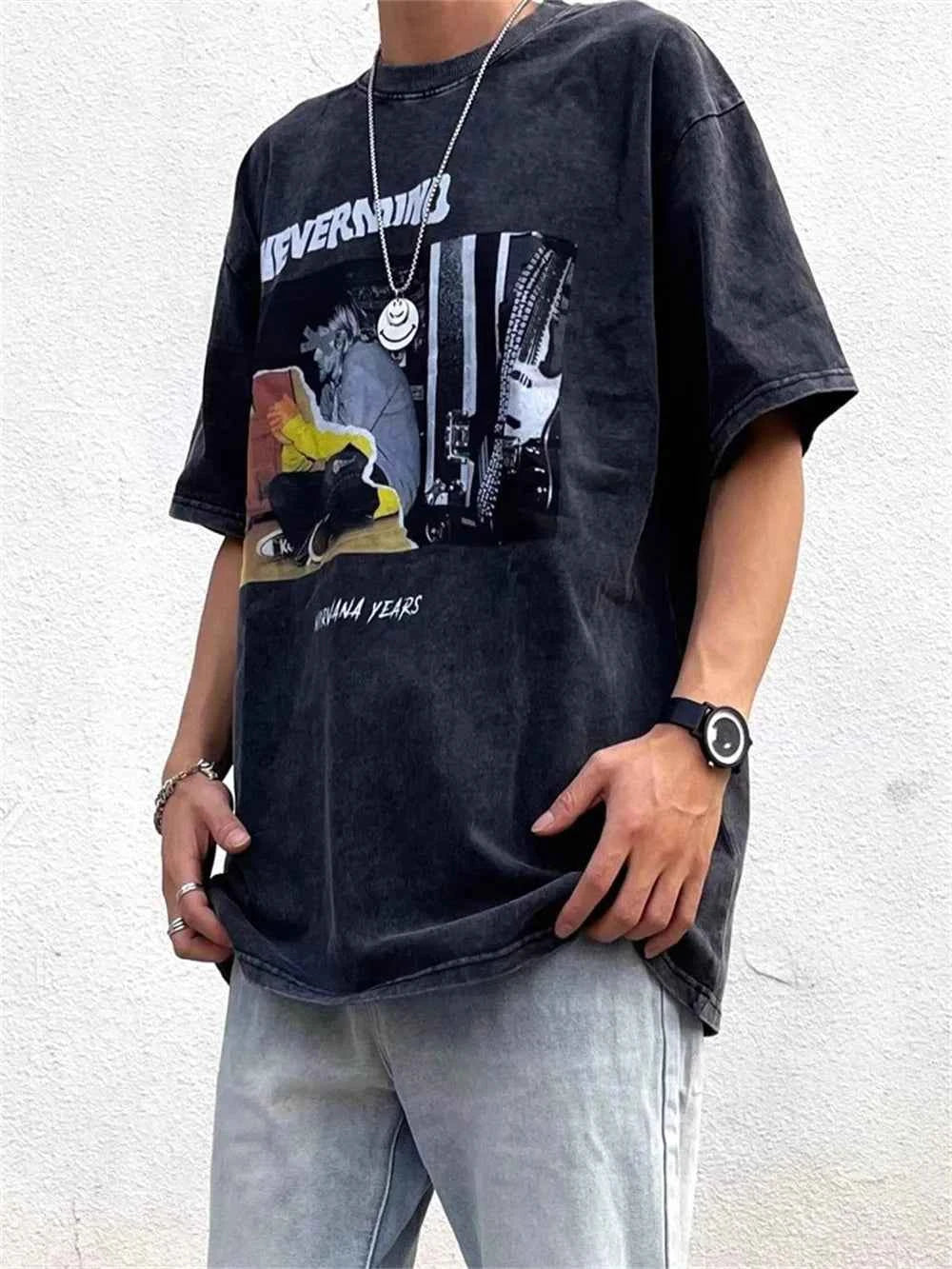 Distressed Washed Portrait Print Short Sleeve T-Shirt