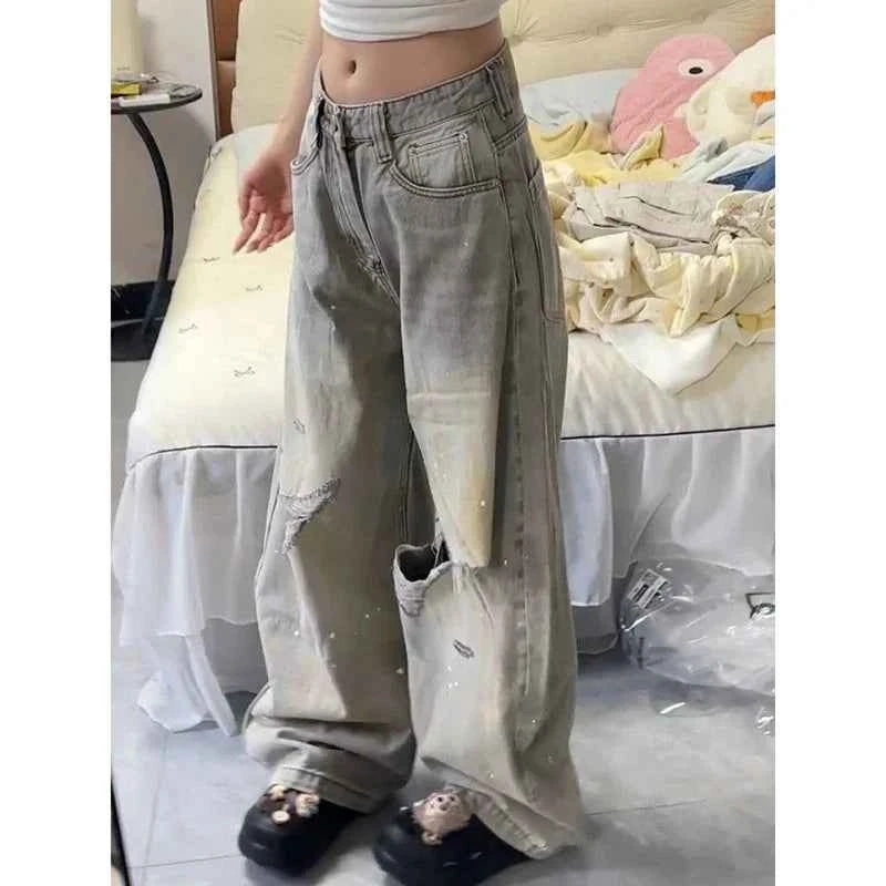 Streetwear Casual Vintage Grey High Waist Wide Jeans