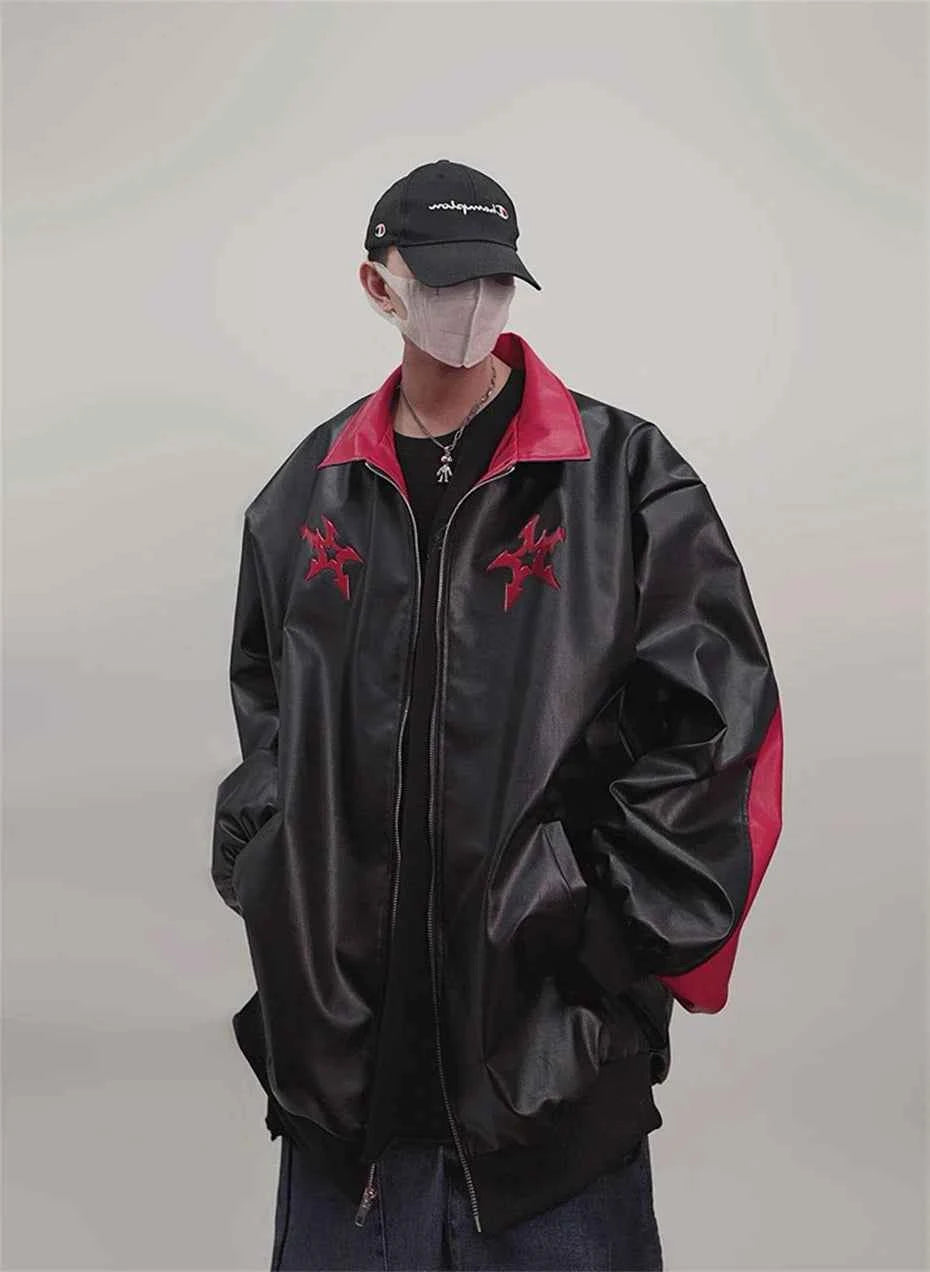 Vintage Print PU Leather Varsity Jacket