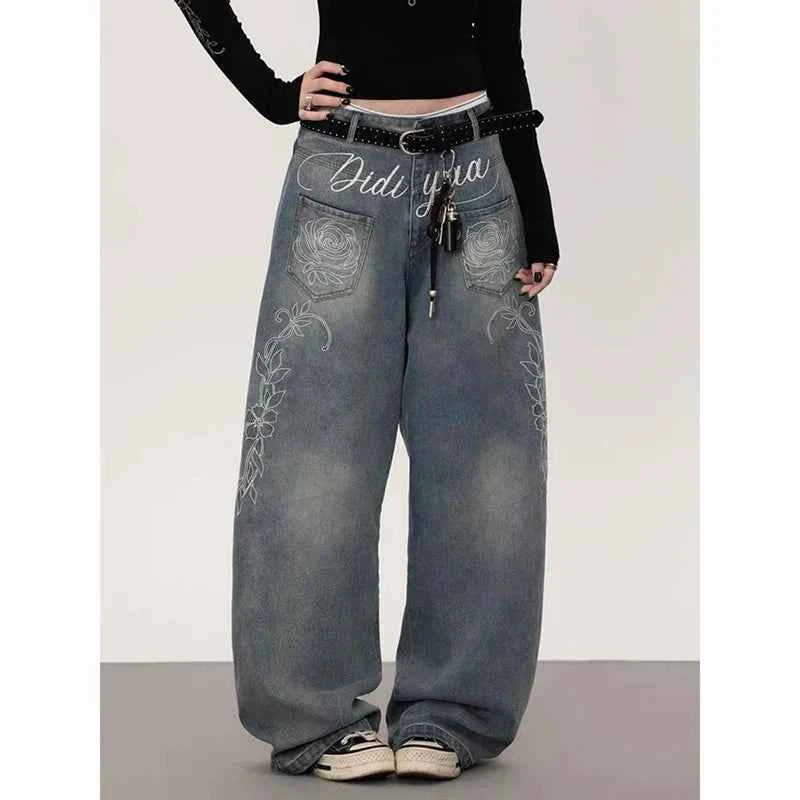 Flattering Y2K Japanese Baggy Blue Embroidered Jeans