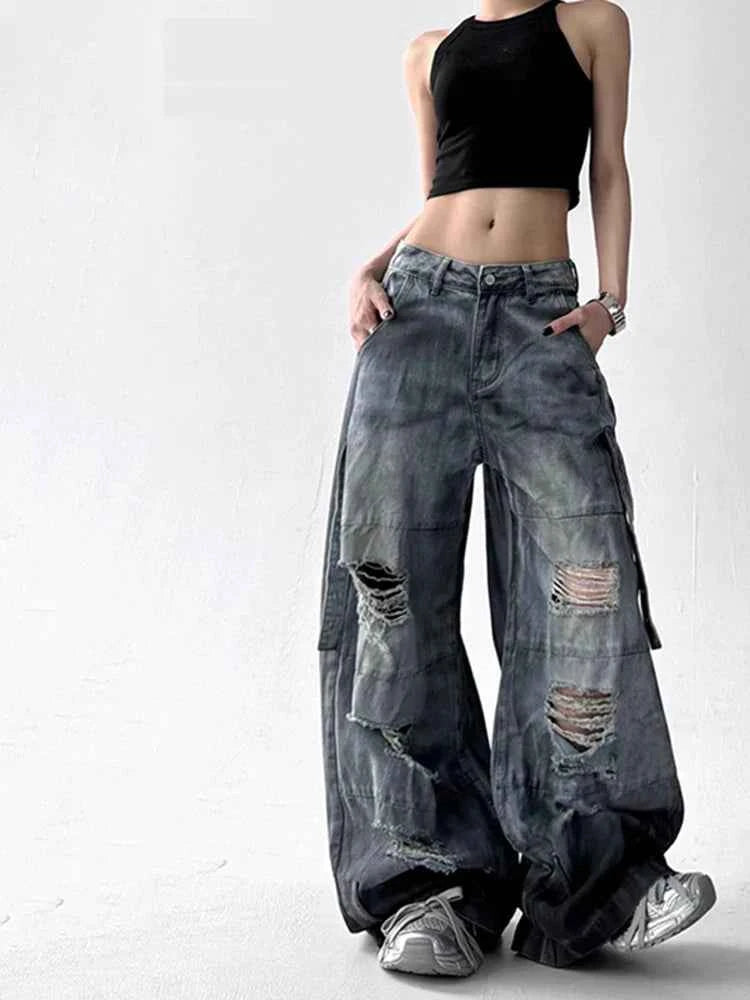 Y2K Streetwear High Waist Wide Leg Ripped Jeans