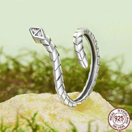 Adjustable Sterling Silver Snake CZ Band Ring
