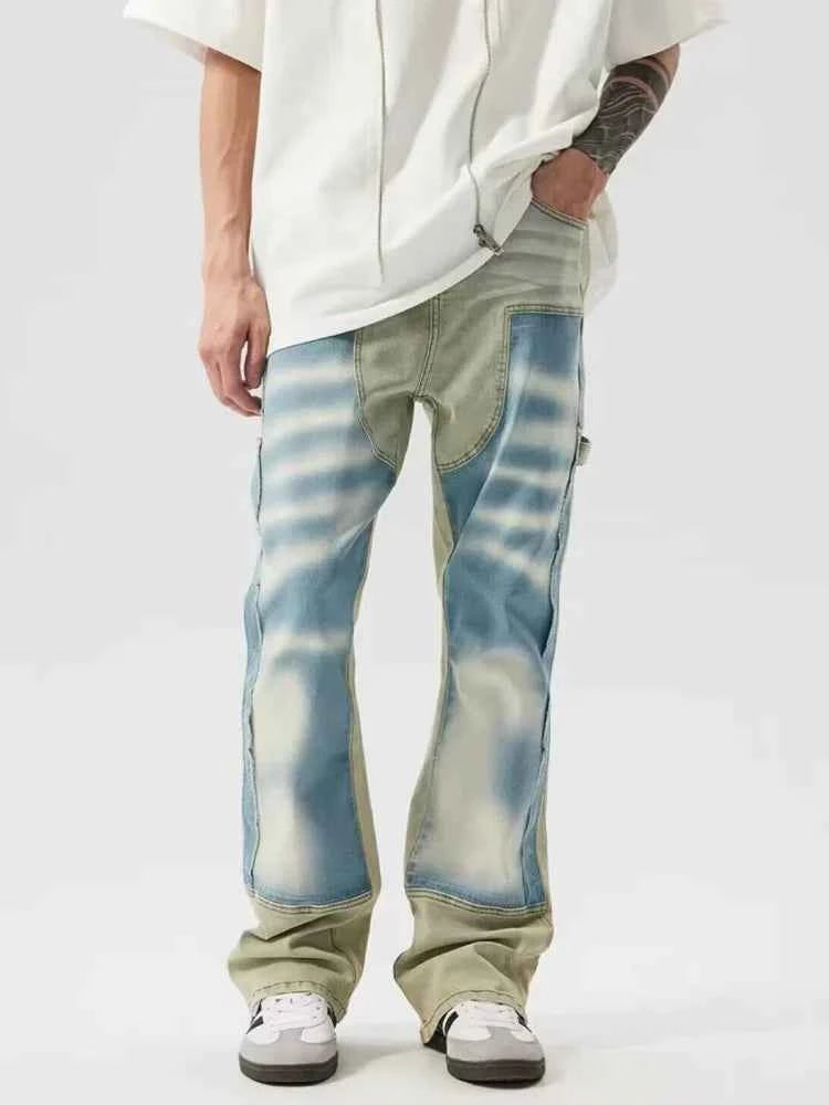 Blue Patchwork Baggy Stacked Wide Leg Flow Jeans