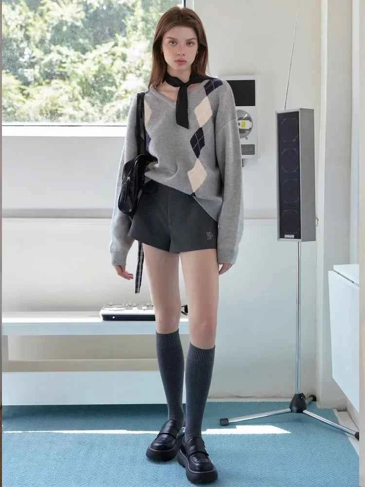 Women Vintage Argyle Gray Oversized Sweater