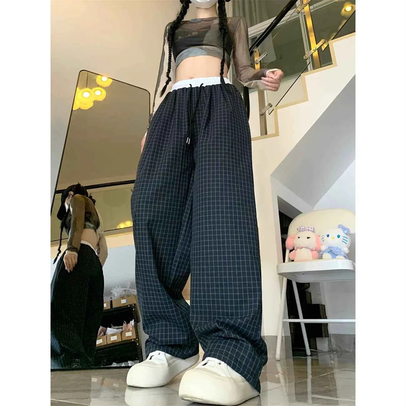Minimal Street Fit Retro Plaid Wide Leg Sweatpants