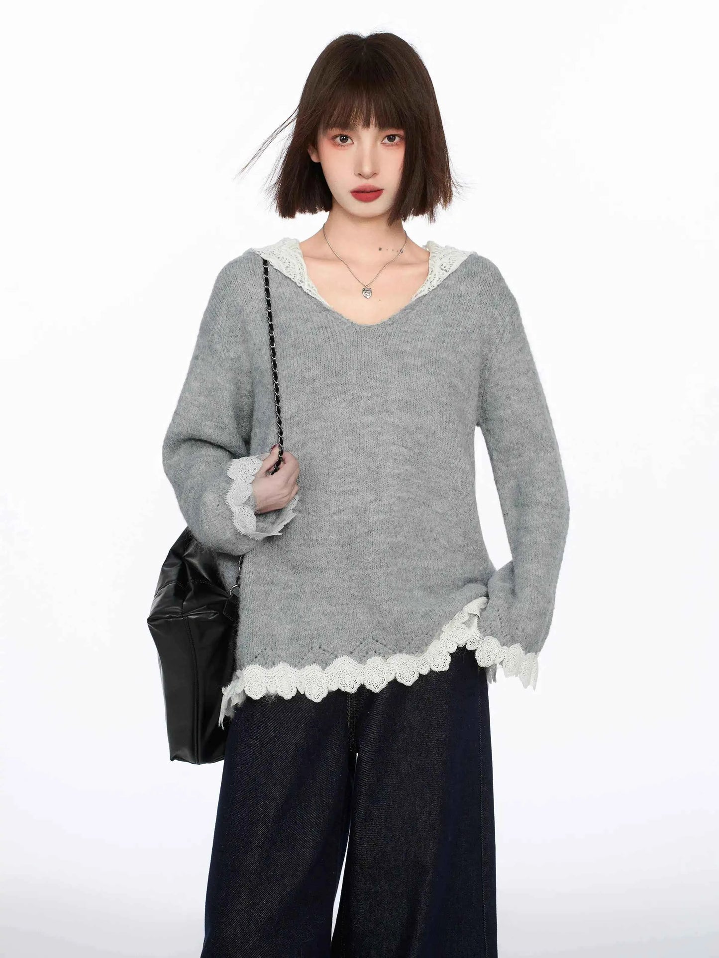 Back to Basics Cozy Lace V Neck Hodded Sweater