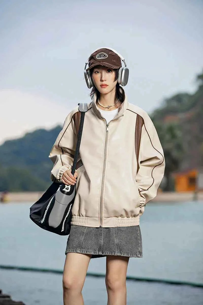 Durable Color Block Waterproof Leather Jacket