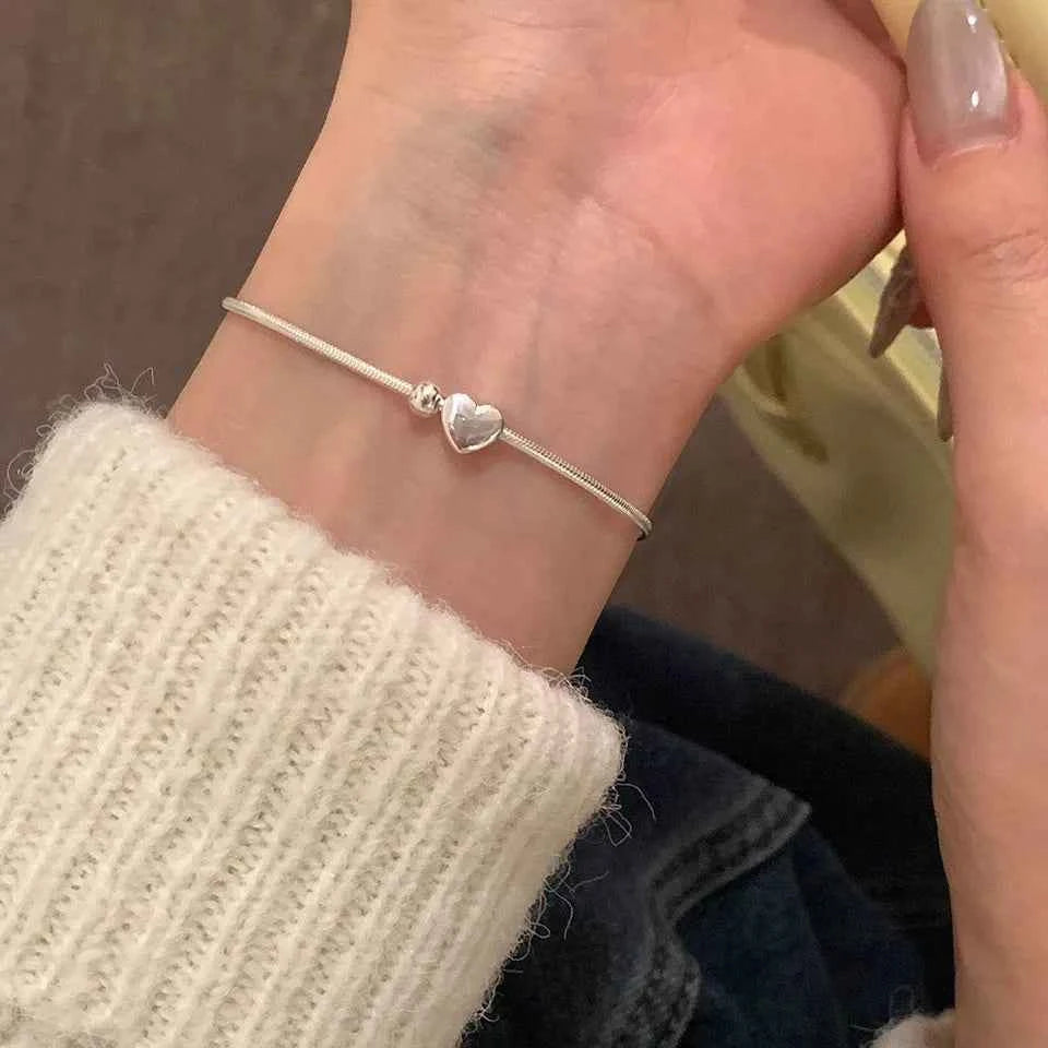 Women Cute Minimalist Sterling Silver Heart Bracelet