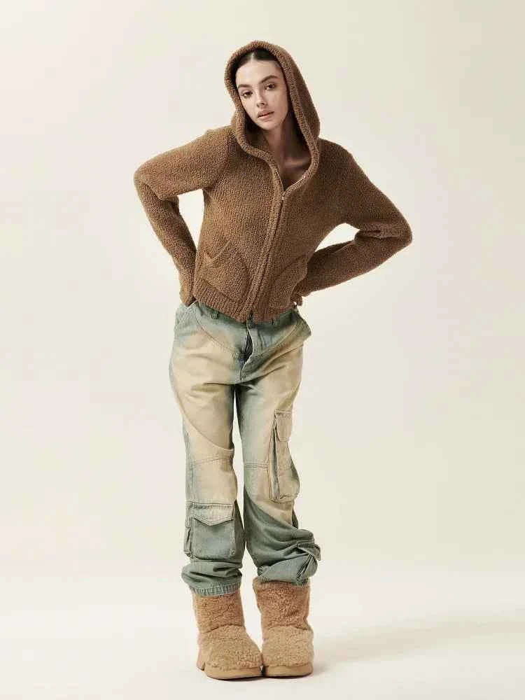 Cozy Vintage Brown Plush Hooded Puffer Sweatshirt