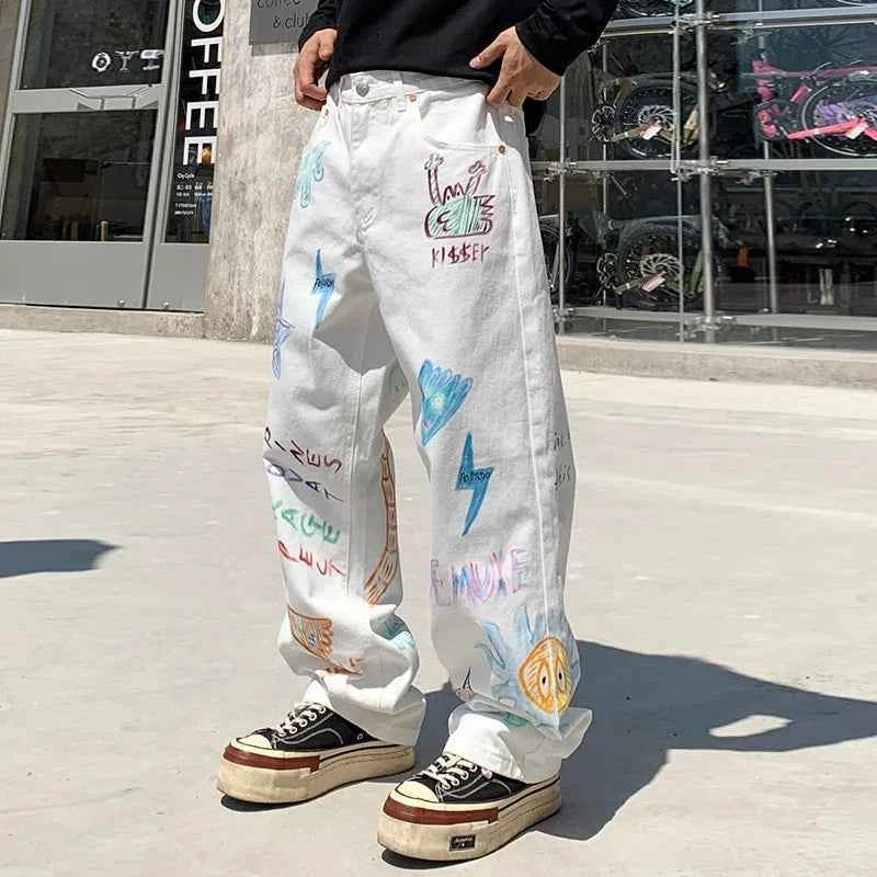 Wide Leg Flow Lightning Graffiti Printed Jeans