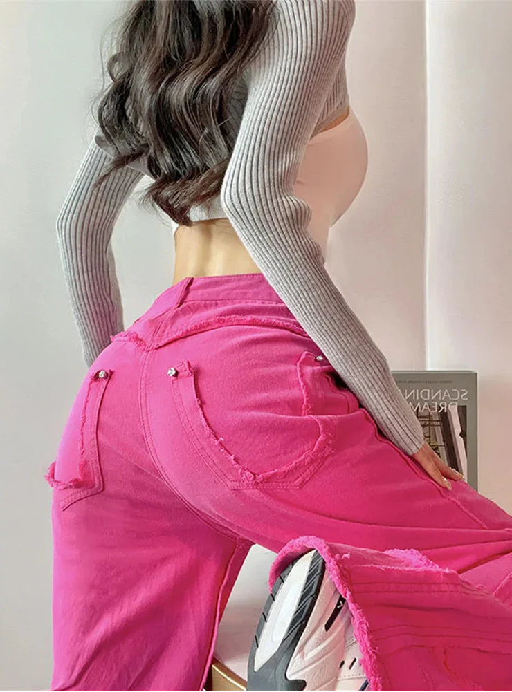 Pink Y2K High Waist Wide Leg Jeans - Luxuryurbanwear