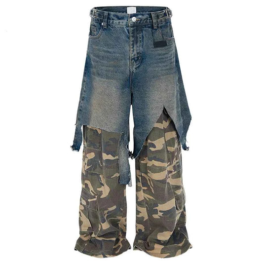 LUW Camouflage Patchwork Jeans - Multi-Tone Tactical Streetwear Denim | LuxuryUrbanwear
