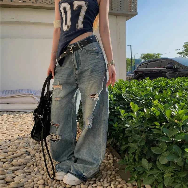 High-Quality Ripped Wide Leg Denim Jeans