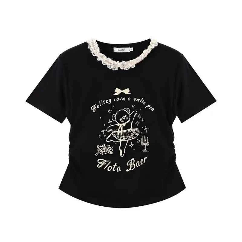 Sweet Cartoon Bear Printed Lace T-Shirt