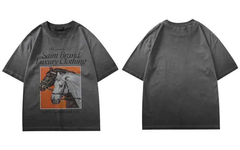 Warm Retro Horse Graphic Printed Cotton T-Shirt
