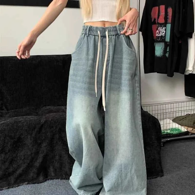 Women Elastic Straight Wide Leg Denim Jeans