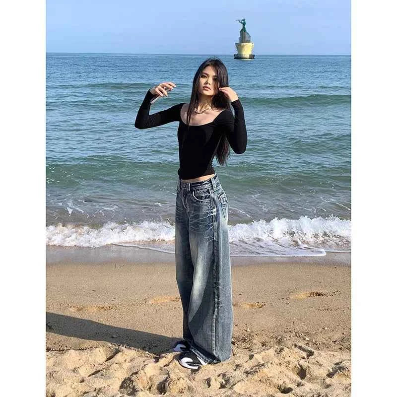 Versatile Streetwear Blue High Waisted Wide Leg Jeans
