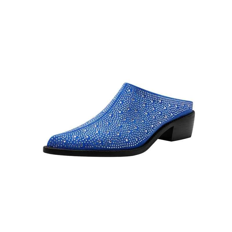 LUW Crystal Pointed Mules - Luxury Rhinestone Baotou Thick-Heel Pumps