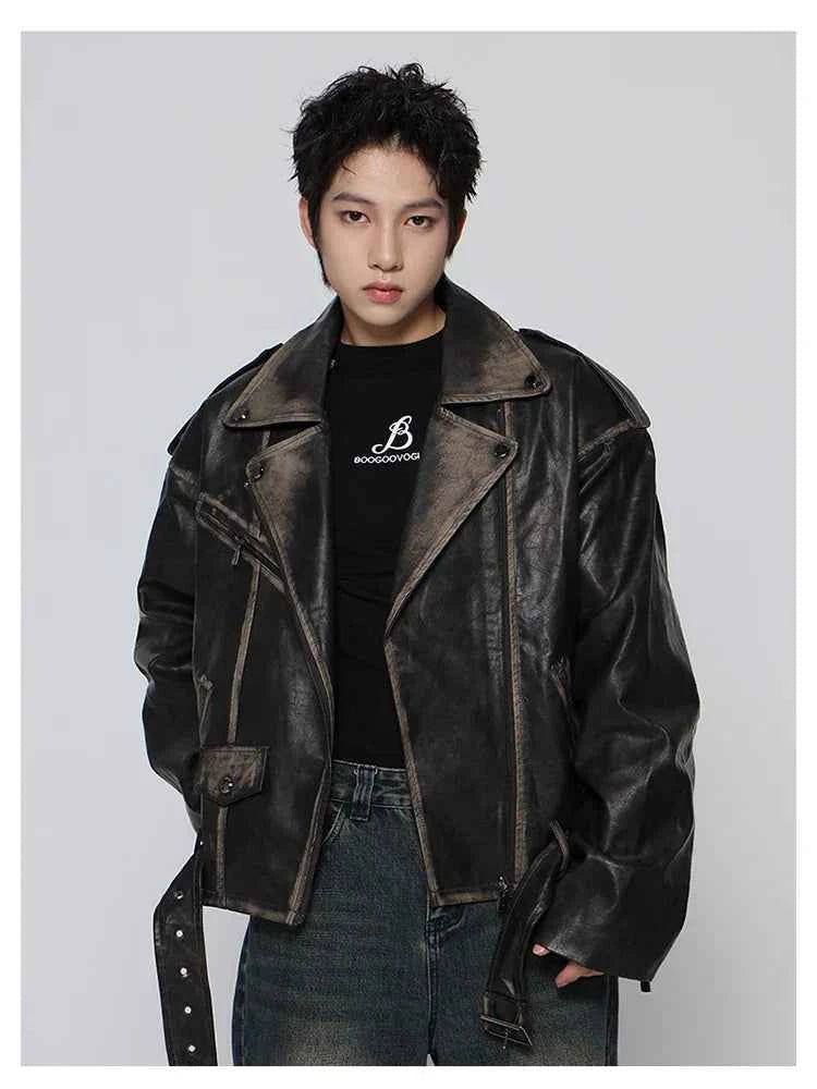 Streetwear Retro Distressed Black Leather Jacket