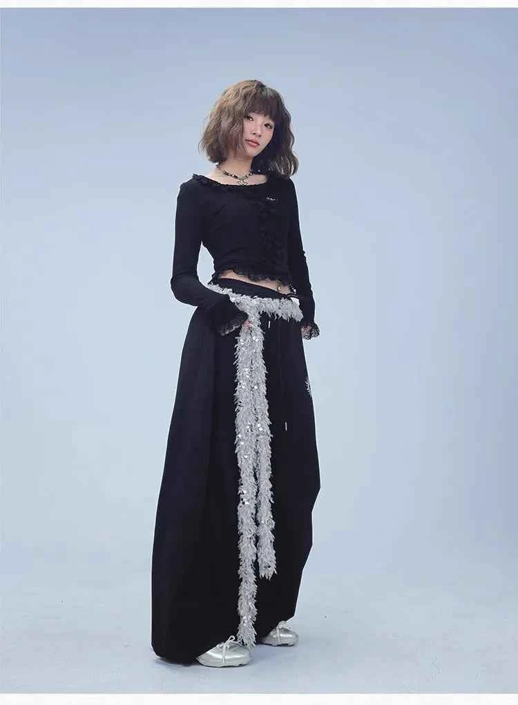 Women Spicy Lace Trim Long Sleeve T-shirt