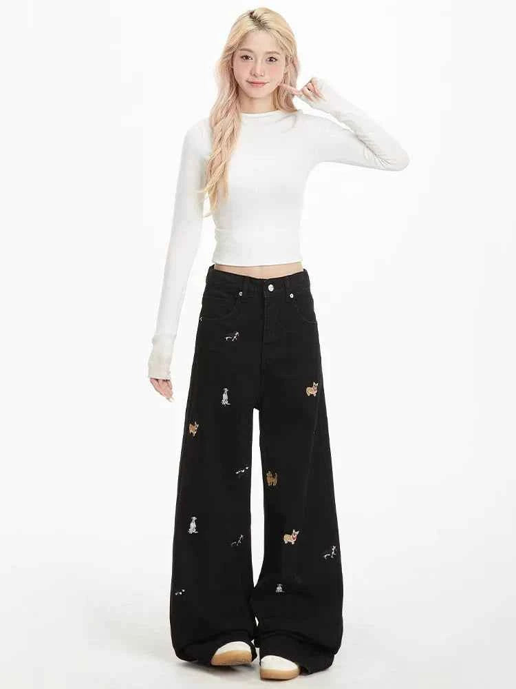 Cool Vintage American Puppy Embroidered Wide Jeans