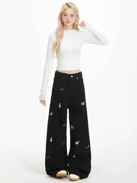 Cool Vintage American Puppy Embroidered Wide Jeans