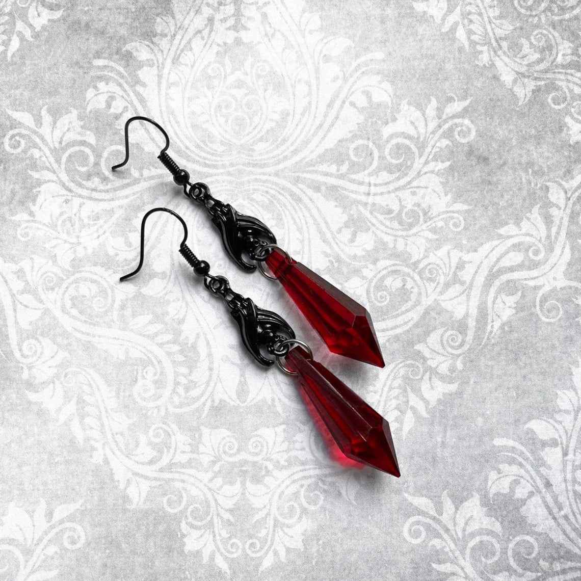 Gothic Black Bat Red Teardrop Earrings