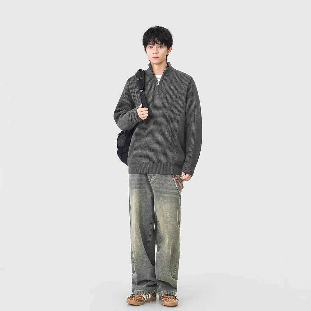 Cozy Mock Neck Half Zipper Waffle Knit Sweater