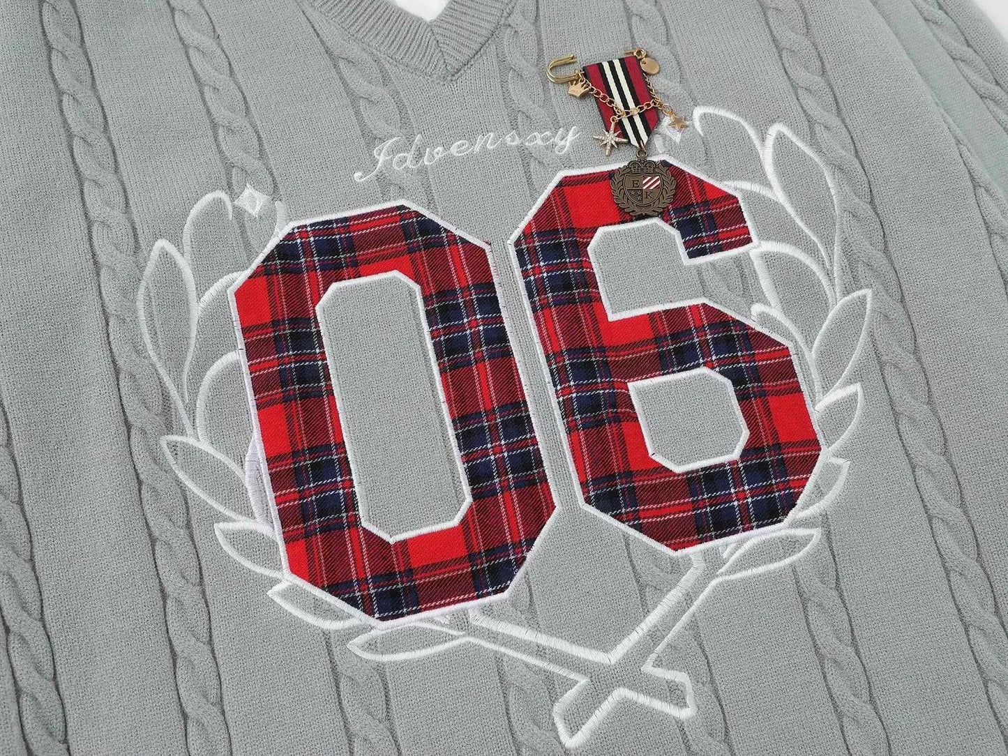 Plaid Letter With Necktie Shirt Embroidery Sweater